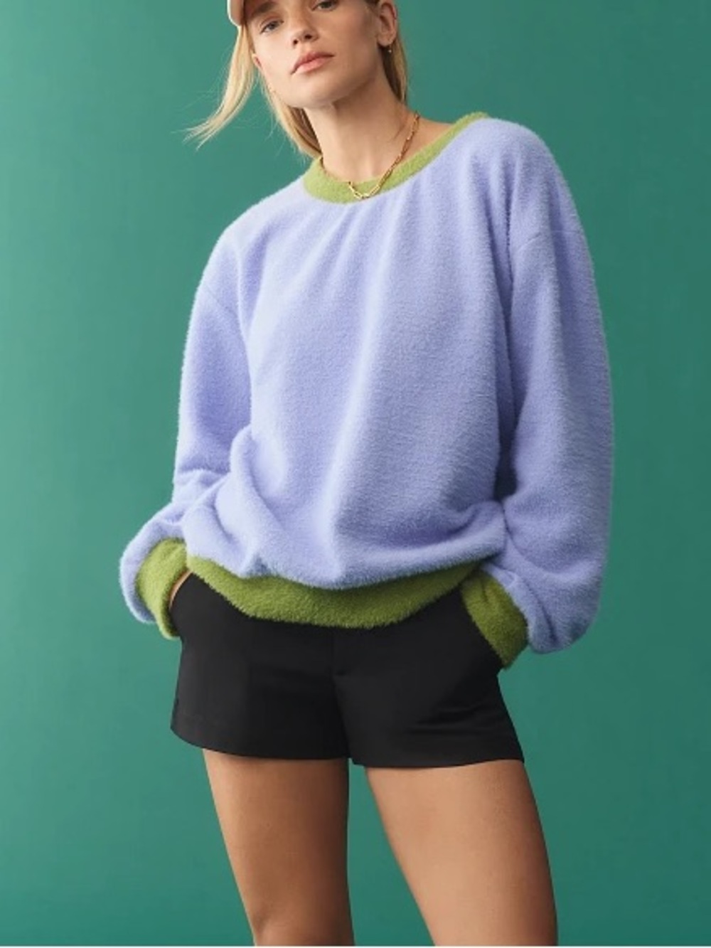 Maeve by Anthropologie Cozy Ringer Fuzzy Crewneck Sweatshirt Blue Green Size XS